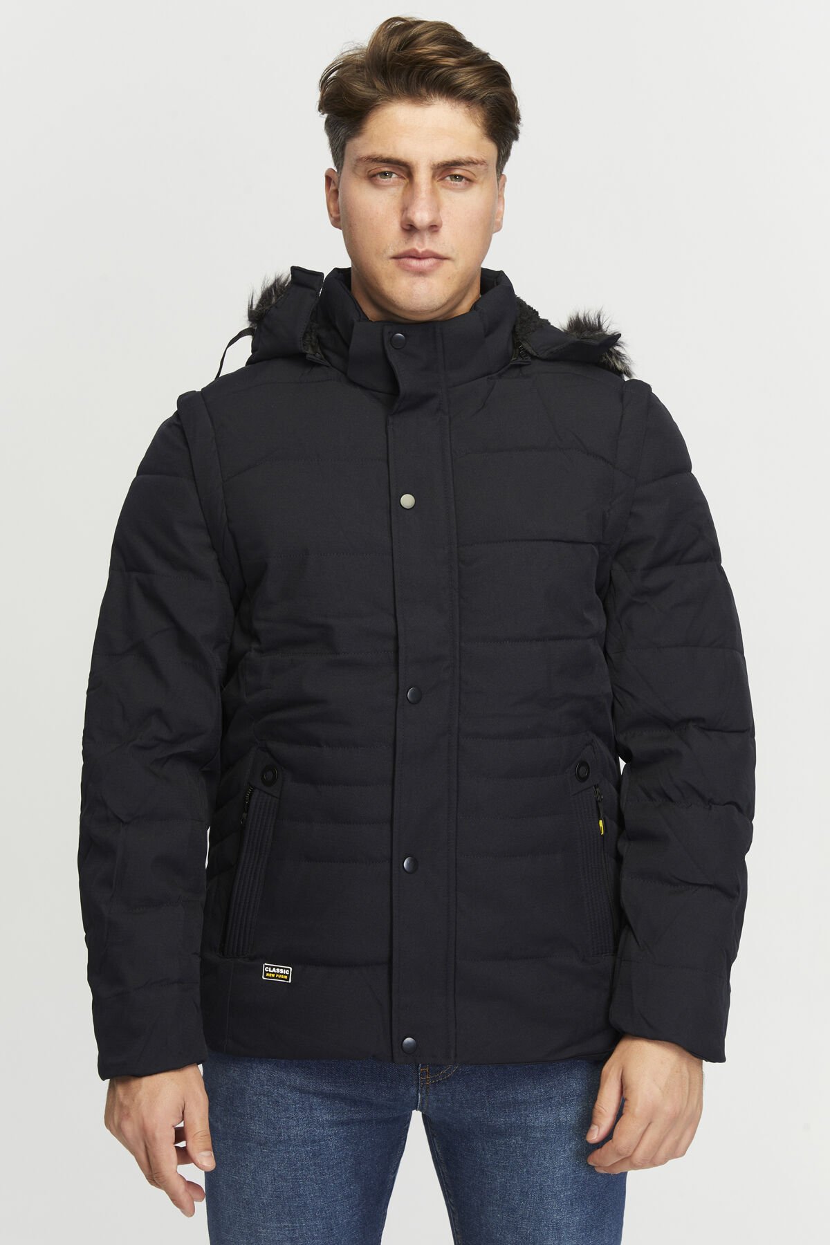 5651 Lacivert Kolu Çıkabilen 2 in1 Yelek / Mont Rüzgar Geçirmez Su iticili Mont