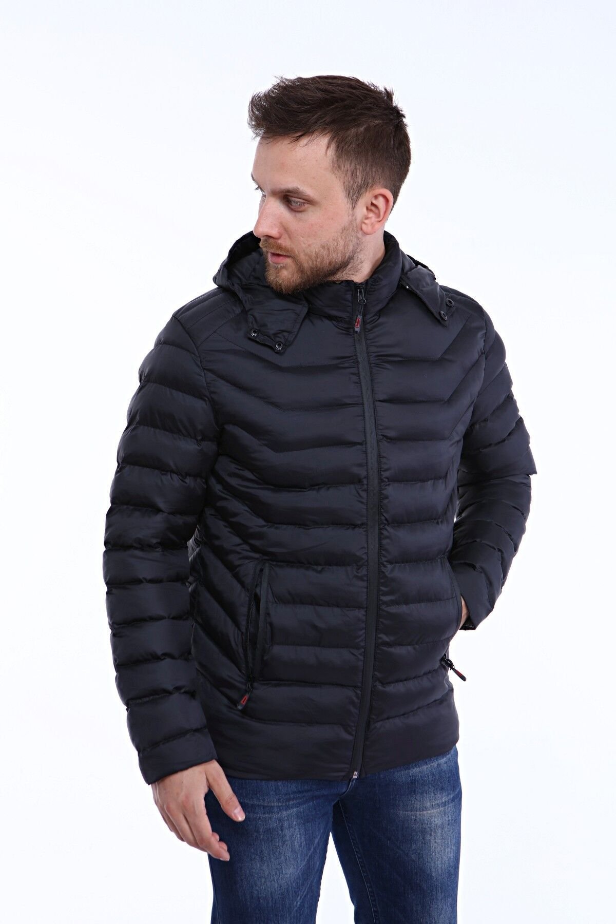 5639 Siyah Rüzgar Geçirmez Su İticili Şişme Mont